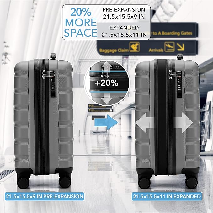 Flight Knight 21.5x15.5x9" Expandable Carry On Suitcase Hardside TSA Lock & USB C Port Lightweight Luggage Silent Double Spinner Wheels Maximum Canada Air Overhead Carry-On Bag Many Airlines Approved