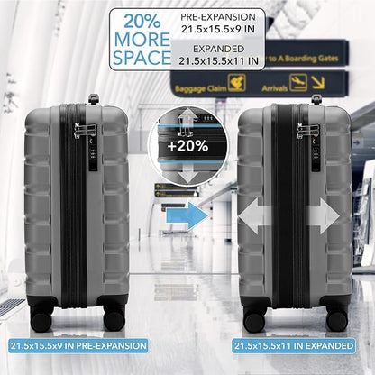 Flight Knight 21.5x15.5x9" Expandable Carry On Suitcase Hardside TSA Lock & USB C Port Lightweight Luggage Silent Double Spinner Wheels Maximum Canada Air Overhead Carry-On Bag Many Airlines Approved