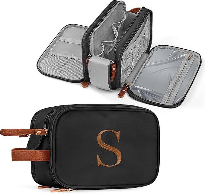 YOOLIFE Travel Toiletry Bag - Toiletry Bag for Men Women | Personalized Gifts for Women Me, Travel Essentials Toiletries Water Resistant Dopp Kit Letter S Black