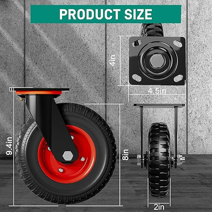 8 Inch Caster Wheels Set of 4 (2 Swivel & 2 Fixed), 800lb Total Capacity, Heavy Duty Plate Casters with Solid Rubber Knobby Tread for Workbench, Cart, Dolly, Trolley, Wagon, and Outdoor Use