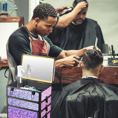 Rolling Makeup Case with Lighted Mirror, Makeup Train Case with Large Drawer, Cosmetology Case, Travel Makeup Organizers, Professional for Salon Barber, Nail, Tattoo, Multicolor Purple