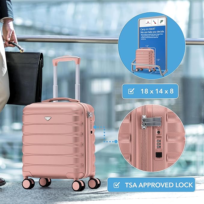 Flight Knight Carry On Suitcase 18x14x8 Hardside Built In TSA Lock & USB Port Lightweight Luggage Silent Double Spinner Wheels Maximum Underseat Carry-On Bag For American & United Approved Airlines