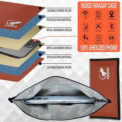 Gecko Travel Tech Faraday Bag Orange Nylon - Signal Blocker for Cell Phone, Car Key FOB, Data Privacy (ORANGE - NYLON)