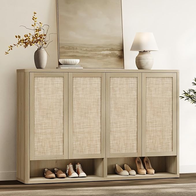SICOTAS Rattan Shoe Storage Cabinet - Modular Shoe Cabinets with Door Tall Large Shoe Cabinet Storage for Entryway - 65.6" Wide Modular Cabinet for Hallway, Living Room