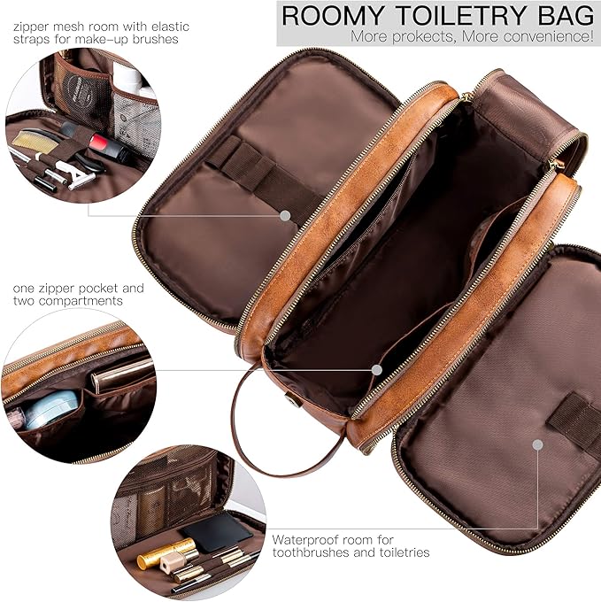 Elviros Travel Toiletry Bag for Men, Shaving Dopp Kit Water-resistant Bathroom Small Toiletries Organizer PU Leather Cosmetic Bags