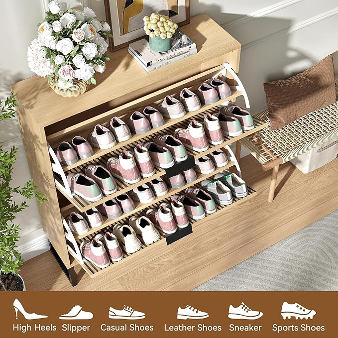 Shoe Storage Cabinet for Entryway with 2 Flip Drawers,Narrow Shoe Rack Cabinet,Hidden Slim Shoe Storage Freestanding Shoe Organizer Cabinet for Entryway, Hallway