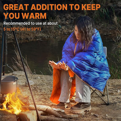 Down Puffy Blanket for 2 Person Car Camping Outdoor Travel Backpacking, 80% Duck Down & 20% Feather Lightweight Portable Soft Warm Cozy Camping Blanket Quilt, Lake Blue