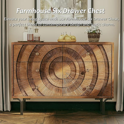 Farmhouse 6-Drawer Dresser, Accent Wooden Chest of Drawers with Circle Pattern and Radioactive Wood Lines,Accent Storage Dresser for Living Room, Bedroom, Brown