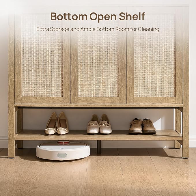 SICOTAS Rattan Shoe Cabinet Storage for Entryway - 30 Pairs Boho Shoe Storage Organizer with Adjustable Shelves & 3 Doors, Tall Shoe Rack Cabinet for Hallway, Living Room (Carbon Cherry)