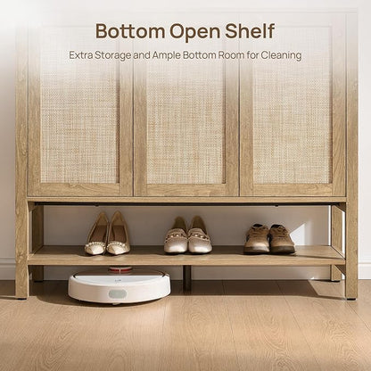 SICOTAS Rattan Shoe Cabinet Storage for Entryway - 30 Pairs Boho Shoe Storage Organizer with Adjustable Shelves & 3 Doors, Tall Shoe Rack Cabinet for Hallway, Living Room (Carbon Cherry)