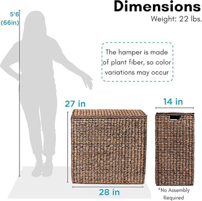 BIRDROCK HOME Oversized Dual Hampers with Lid - Handwoven Natural Seagrass Fiber Compartment Laundry Hamper w/Dual Removable Liners Bag - Split/Two Side Basket for Dirty Laundry, Clothes - Brown Wash