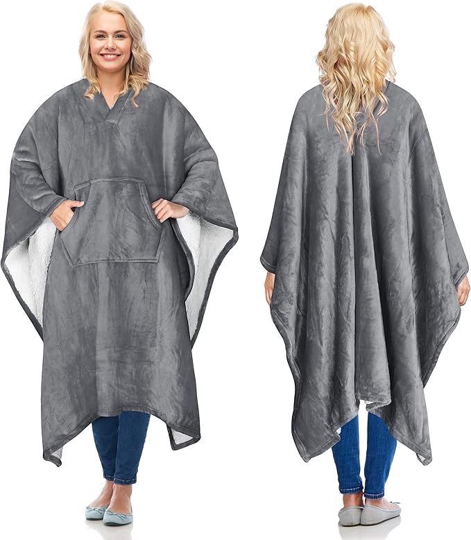 Catalonia Sherpa Wearable Poncho for Adult Women Men, Wrap Blanket Cape with Pocket, Warm, Soft, Cozy, Snuggly, Comfort Gift, No Sleeves, Grey