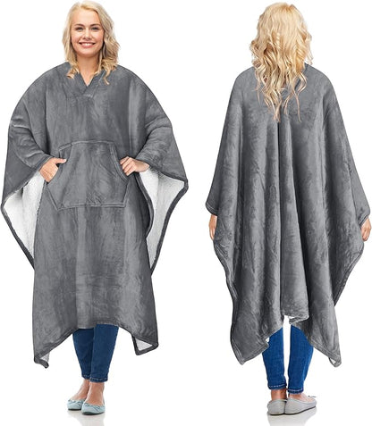 Catalonia Sherpa Wearable Poncho for Adult Women Men, Wrap Blanket Cape with Pocket, Warm, Soft, Cozy, Snuggly, Comfort Gift, No Sleeves, Grey
