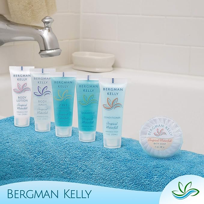 BERGMAN KELLY Hotel Toiletries Bundle (Tropical Waterfall, 1 oz each, 200 Pieces) 4-Piece Set: 50 Rectangular Bar Soap, 50 Shampoo, 50 Conditioner & 50 Body Lotion - Bulk Mini Guest Amenities
