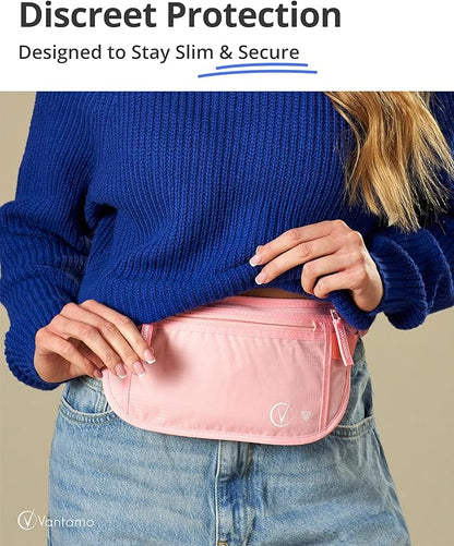 Vantamo Money Belt with RFID For Men & Women, Hidden Passport Holder for Travel, 2 Compartment Travel Fanny Pack for Women Anti Theft