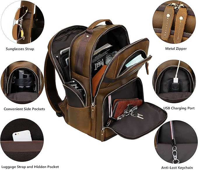 Full Grain Leather Backpack for Men,15.6" Laptop Backpack with USB Charging Port,Large Capacity Vintage Casual Travel Business Work Computer Bag Outdoor Weekend Daypack (Light Brown)