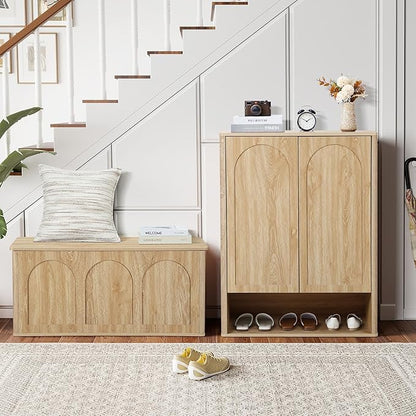 Tall and Large Shoe Storage Cabinet Set of 2 with Doors and Adjustable Shelves, 5-Tier Modern Shoe Rack Cabinet Storage for Entryway, Entrance, Hallway, Foyer/Kitchen Sideboard - Natural