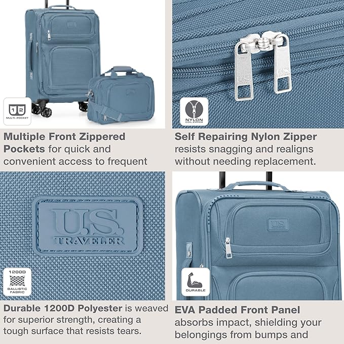 U.S. Traveler Rio Lightweight Softside Rolling Carry-on Suitcase, 4-Wheel Single, Light Blue