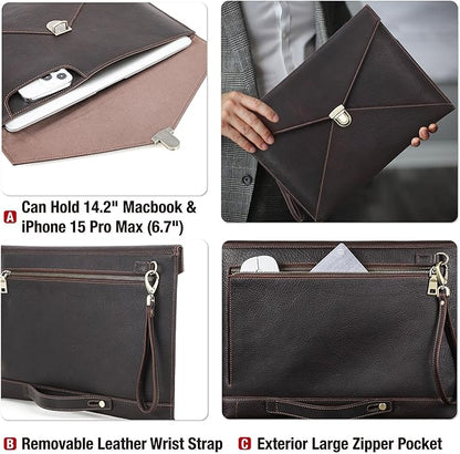 Top Grain Leather 14.2" Slim Laptop Bag Case, Envelope Style, Removable Wristlet & 3 Pockets, Fits MacBook Pro 14 Inch 2021 2022 M1 Pro/M1 Max A2442 & Other Laptop, Black Coffee 14.2 Inch