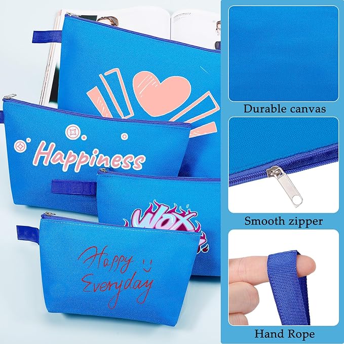 10 Pieces Cotton Canvas Makeup Bag with Bottom and Strap, Multi-Purpose Cosmetic Bag with Zipper Travel Toiletry Pouch, Blank DIY Craft Bag (Blue, XS)