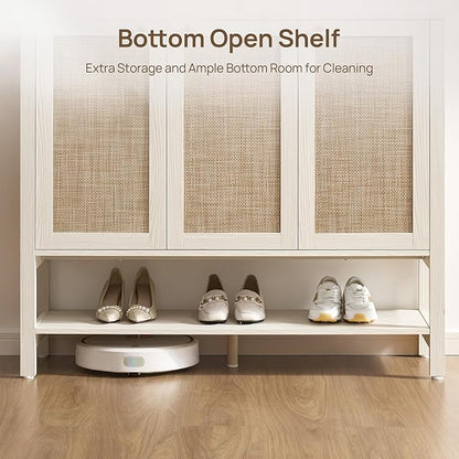 SICOTAS Rattan Shoe Cabinet with Storage - 30 Pairs Boho Shoe Organizer with 3 Doors & Adjustable Shelves, Large Farmhouse Shoe Rack Cabinet for Entryway, Hallway, Living Room (White)