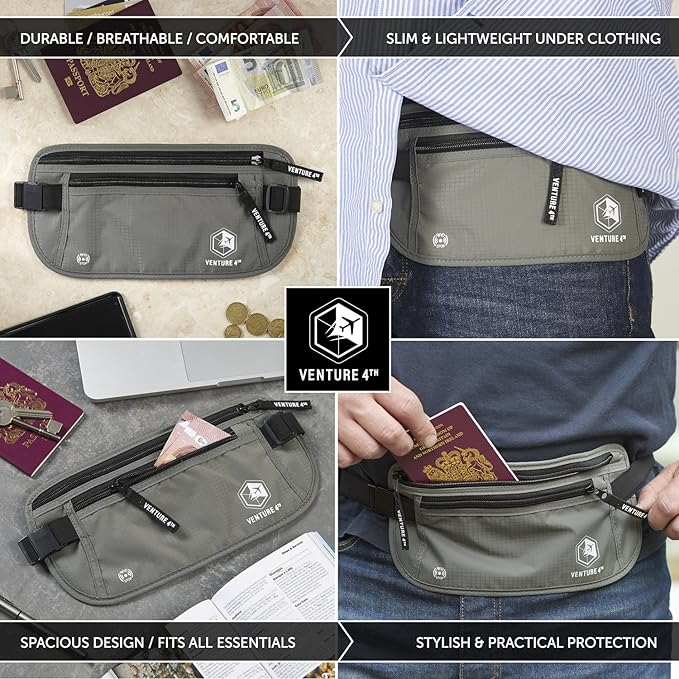 VENTURE 4TH Money Belt for Travel – Hidden Under-Clothes RFID Blocking Passport Holder & Slim Travel Wallet Pouch for Men & Women to Protect Cash, Cards & Documents (Gray)
