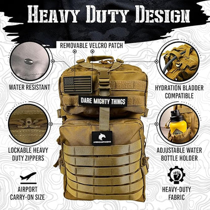 AMERICANPHOENIX 45L Elite Tactical Backpack | 3X Stronger Work & Military Backpack | Water Resistant and Heavy Duty | 3 Day MOLLE Bug Out Bag (Dune Brown)