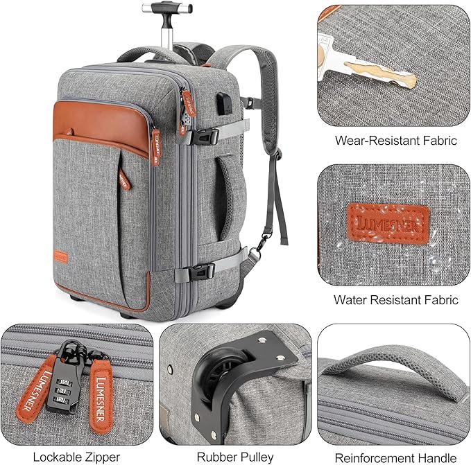 Lumesner Carry on Travel Backpacks, Extra Large 40L Flight Approved for Men & Women,Expandable Suitcase backpack (Rolling-Grey)