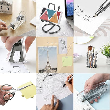 Office Desk Accessories, Acrylic Stapler, Staple Remover, Tape Holder, Pen Holder, Ballpoint Pen, Scissor, Binder Clips, 1000pcs Staples, Phone Holder, Ruler, Transparent Glue and 300 Notes