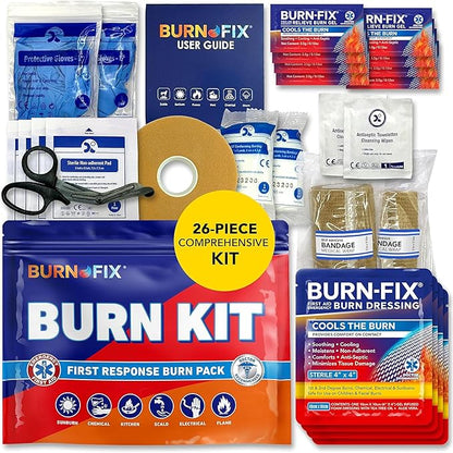 BurnFIX® Burn Kit First Aid Recommended by Doctors, Comprehensive 25pcs First Aid Kit Includes Burn Gel, Burn Dressing, Gloves, Scissors, Wipes for Quick Burn Relief - Sunburn, Electrical, Flame Burns