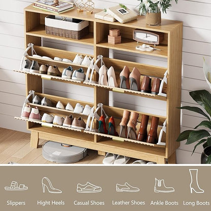 Shoe Cabinet Storage for Entryway with 4 Flip Drawers, Fluted Narrow Shoe Organizer with Wooden Legs & Top Cubby, Freestanding Slim Shoe Storage Hidden Shoe Rack for Front Door Entrance, Oak