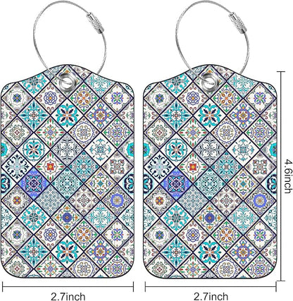 2 Pack Luggage Tags Colorful Moroccan Portuguese Tiles PU Leather Baggage Tag with Privacy Cover Stainless Steel Loop and Name ID Card for Men Women Travel Bag Luggage Accessories