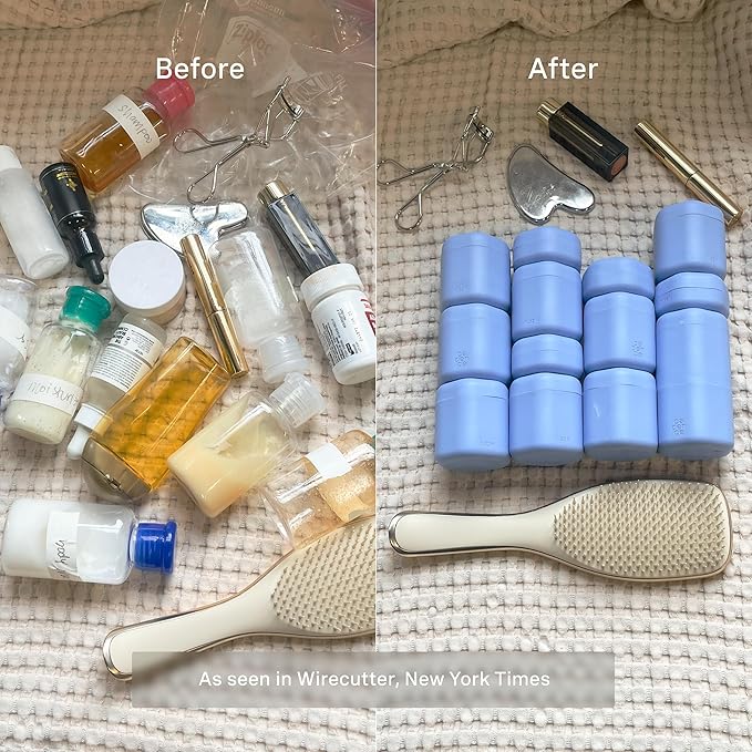 Cadence Travel Containers - Body Care Capsule Set - Magnetic Containers with Lids,Carry On Travel Essentials for Women/Men - 3 Flex Mediums (1.32oz) - Body Wash, Lotion & Sun Icon Labels - Pacific