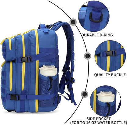 25L Tactical Military Backpack Small Travel Rucksack for Men and Women Assault Pack Bug Out Bag Molle Daypack Gym Backpack with Bottle Holder (Blue Yellow)