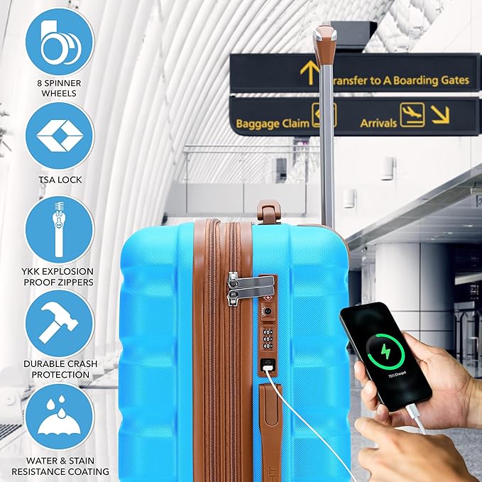 Flight Knight 24x16x10 Expandable Carry On Suitcase Hardside TSA Lock USB C Lightweight Luggage Silent Double Spinner Wheels Maximum Overhead Carry-On Bag For Virgin & South West Approved Airlines