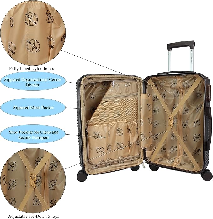 World Traveler VentureX Airline Approved 2-Piece Carry-On Luggage Set – Lightweight Hardside Polycarbonate Suitcase with Spinner Wheels - Brown