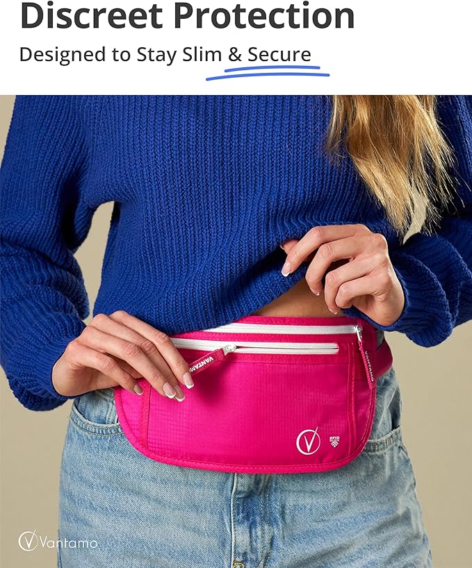 Vantamo Money Belt with RFID For Men & Women, Hidden Passport Holder for Travel, 2 Compartment Travel Fanny Pack for Women Anti Theft
