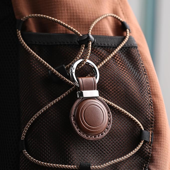 Genuine Leather Keychain Holder Compatible with AirTag - Secure Case Cover Key Ring Chain Fob Accessories Intended for Air Tag - Dark Brown (2 Pack)