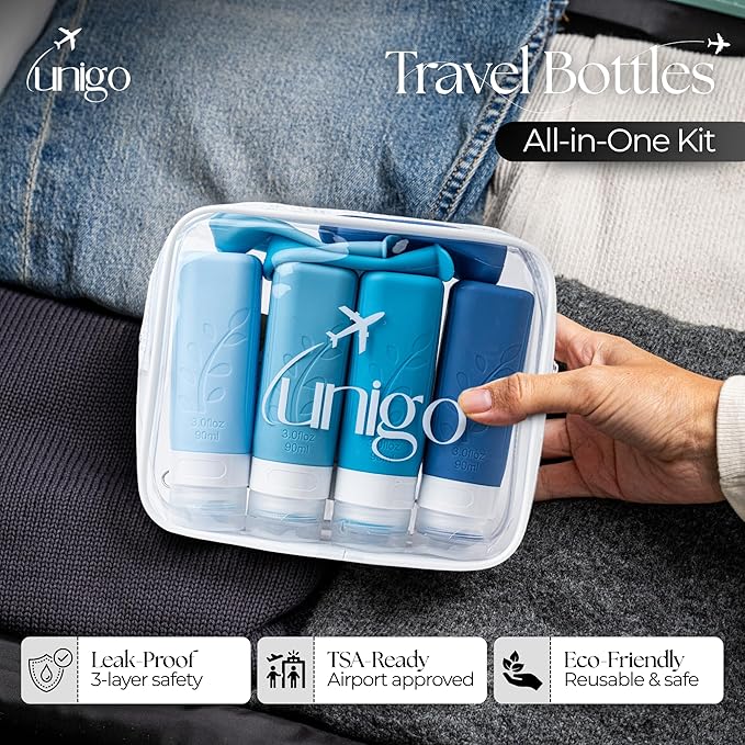 unigo Travel Bottles For Toiletries, 3.oz TSA Approved Containers, Travel Size Toiletries, Shampoo and Conditioner Bottles, Leak Proof and Refillable Bottles, BPA Free, Extra Bottle Covers (Blue)