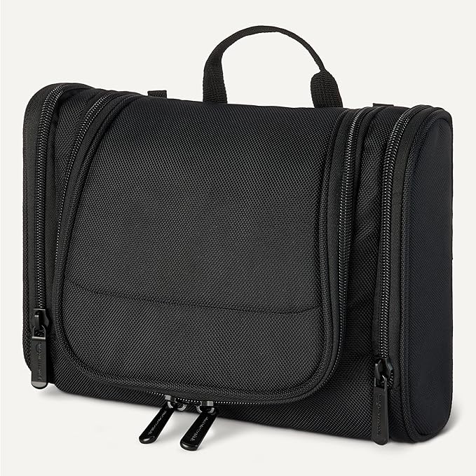 Amazon Essentials Spacious Toiletry Bag, Hanging Cosmetic Dopp Kit with Compartments, Portable, Polyester, Black (Previously Amazon Basics)