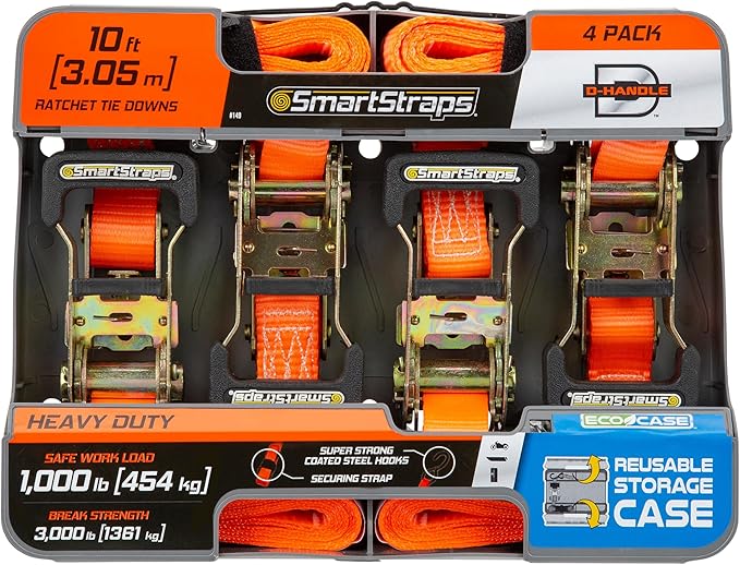 SMARTSTRAPS 10-Foot Ratchet Straps (4pk) – 3,000 lbs Break Strength – 1,000 lbs Safe Work Load Haul Heavier Loads Like Motorcycles, Boats and Large Appliances – Heavy-Duty Padded Tie-Downs, ORANGE (149)