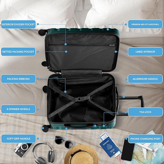 Flight Knight 24x16x10 Expandable Carry On Suitcase Hardside TSA Lock USB C Lightweight Luggage Silent Double Spinner Wheels Maximum Overhead Carry-On Bag For Virgin & South West Approved Airlines