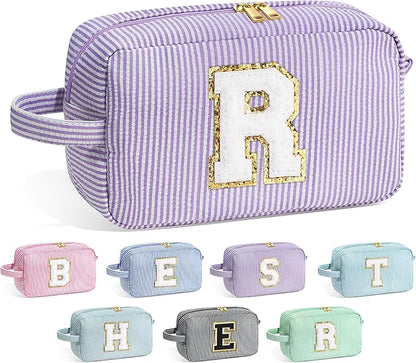 YOOLIFE Makeup Bag - Initial Makeup Bag Cosmetic Bag, Make Up Bags, Monogram Cosmetic Bags, Travel Cosmetic Bag, Cute Makeup Pouch Makeup Case, Personalized Purple Makeup Bags for Women Her R
