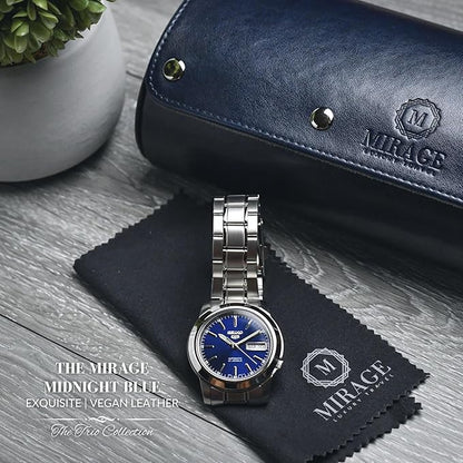 Watch Case Travel Organizer - Watch Roll Case - 3 Watch Case Display Storage - Watches Accessory Gift - Midnight Blue Vegan Leather