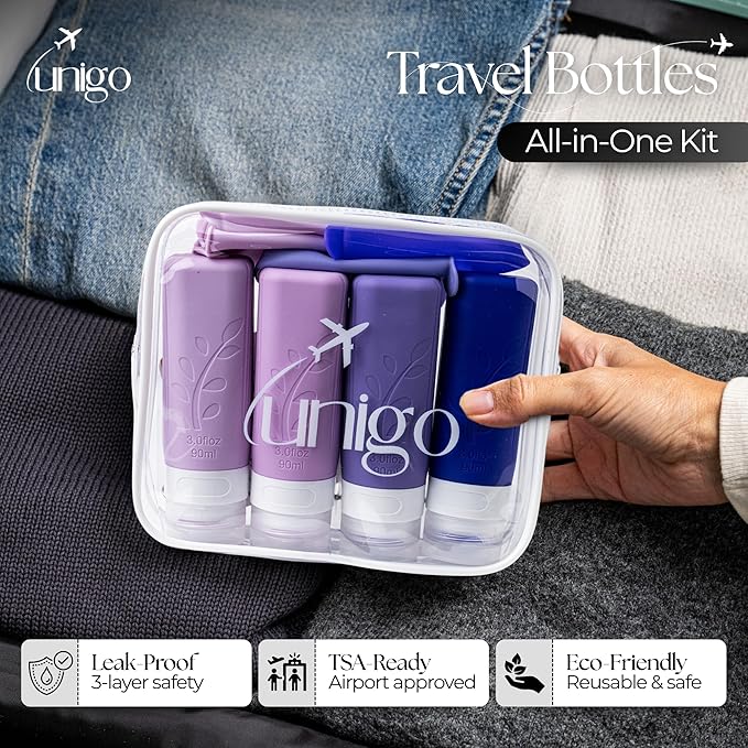 unigo Travel Bottles For Toiletries, 4-pack TSA Approved Containers, Travel Size Toiletries, Shampoo and Conditioner Bottles, Leak Proof and Refillable Bottles, BPA Free, Extra Bottle Covers (Purple)