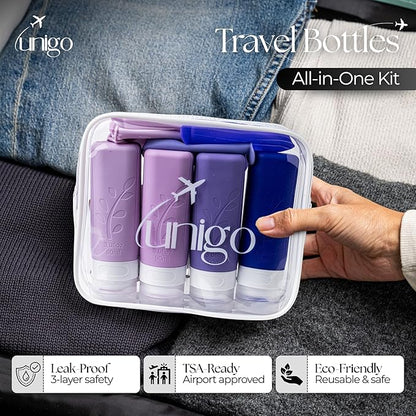 unigo Travel Bottles For Toiletries, 4-pack TSA Approved Containers, Travel Size Toiletries, Shampoo and Conditioner Bottles, Leak Proof and Refillable Bottles, BPA Free, Extra Bottle Covers (Purple)