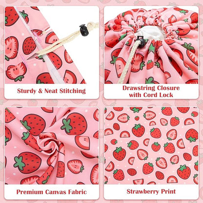 Canvas Laundry Bag with shoulder Strap 24" x 29", Large Drawstring Dirty Clothes Bag Washable Laundry Sack for College Dorm, Travel, Home, Camp (Strawberry)