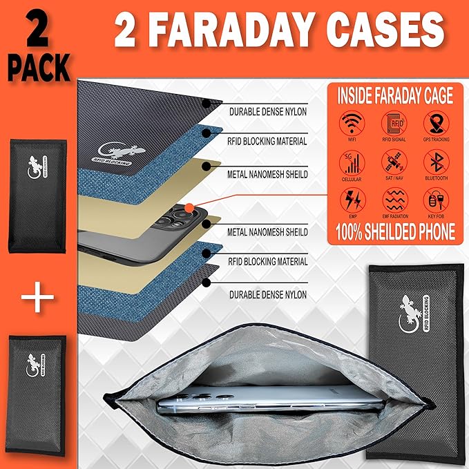 Faraday Bag Anti-Tracking GPS RFID Car Key Signal Blocker Wallet Shielding Pouch Protective Case for Cell Phone Car Key FOB, Data Privacy, Electronic Device Security (2 Pack - Black and Gray)