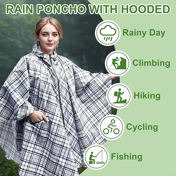 Hooded Rain Ponchos for Adult - Rain Coat and Rain Jacket with Waterproof Pocket and Zipper
