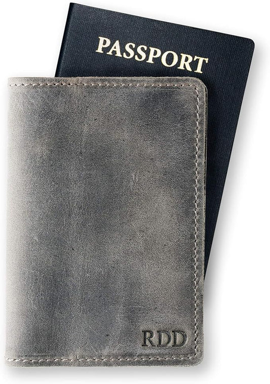 PEGAI Personalized Leather Passport Holder Cover Wallet Travel Essentials | 100% Soft Touch Rustic Travel Wallet Case, International Travel Must Haves | DeKalb (Rock Gray)